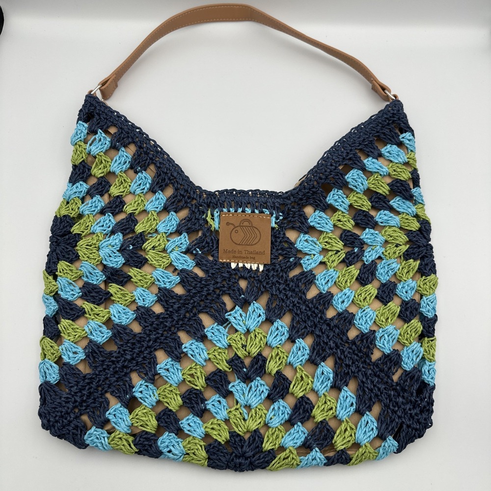 NWOT Woven Blue Green Straw Boho Bohemian Cottagecore Shoulder Bag Hand Made